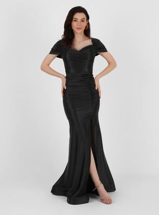 Unlined - Black - Boat neck - Evening Dresses  - Meksila