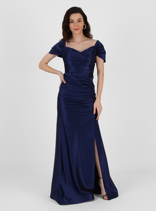 Unlined - Navy Blue - Boat neck - Evening Dresses  - Meksila