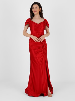 Unlined - Red - Boat neck - Evening Dresses - MEKSİLA