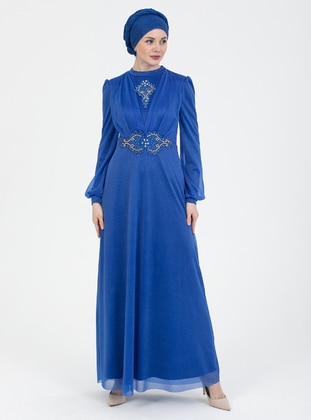 Saxe Blue - Silvery - Fully Lined - Crew neck - Modest Evening Dress  - Meksila