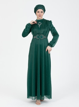 Emerald - Silvery - Fully Lined - Crew neck - Modest Evening Dress  - Meksila