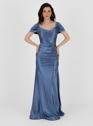 Unlined - Blue - Boat neck - Evening Dresses  - Meksila