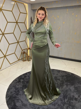 Olive Green - Modest Evening Dress - Piennar