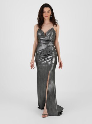 Fully Lined - Silver color - Evening Dresses - MEKSİLA