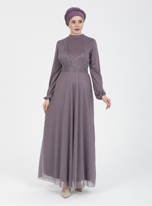 Lavender - Silvery - Fully Lined - Crew neck - Modest Evening Dress - MEKSİLA