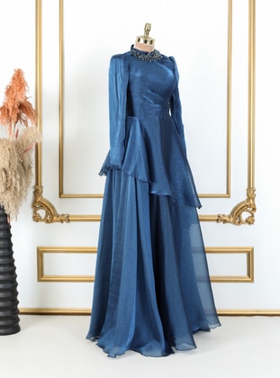 Blue - Fully Lined - Crew neck - Modest Evening Dress - LARACHE