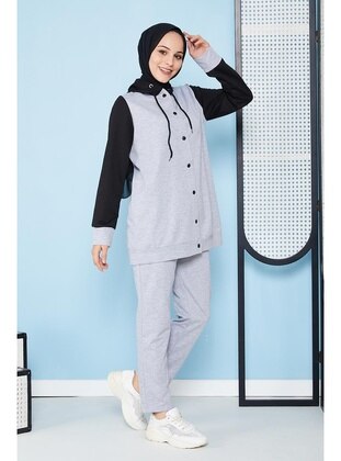 Hooded Snap Fastened Tracksuit Set 3109 Gray