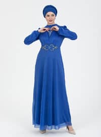 Saxe Blue - Silvery - Fully Lined - Crew neck - Modest Evening Dress