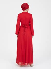 Red - Silvery - Fully Lined - Crew neck - Modest Evening Dress