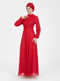 Red - Silvery - Fully Lined - Crew neck - Modest Evening Dress