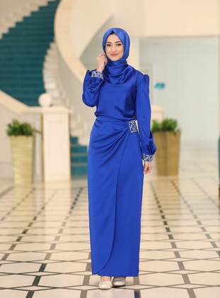 Saxe Blue - Unlined - Crew neck - Modest Evening Dress - Rabeysa