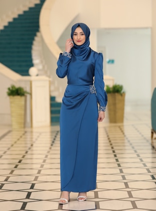 Blue - Unlined - Crew neck - Modest Evening Dress - Rabeysa