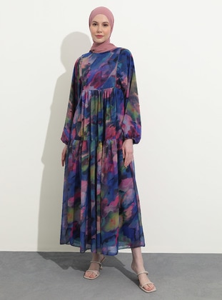 Multi Color - Multi - Crew neck - Fully Lined - Modest Dress - Refka