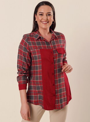 Red - Checkered - Point Collar - Plus Size Blouse - By Saygı