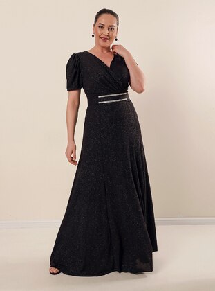 Black - Fully Lined - Double-Breasted - Modest Plus Size Evening Dress - By Saygı
