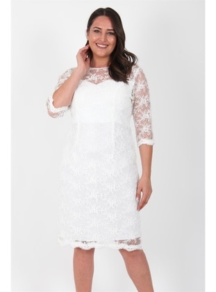 White - Modest Plus Size Evening Dress - Arıkan