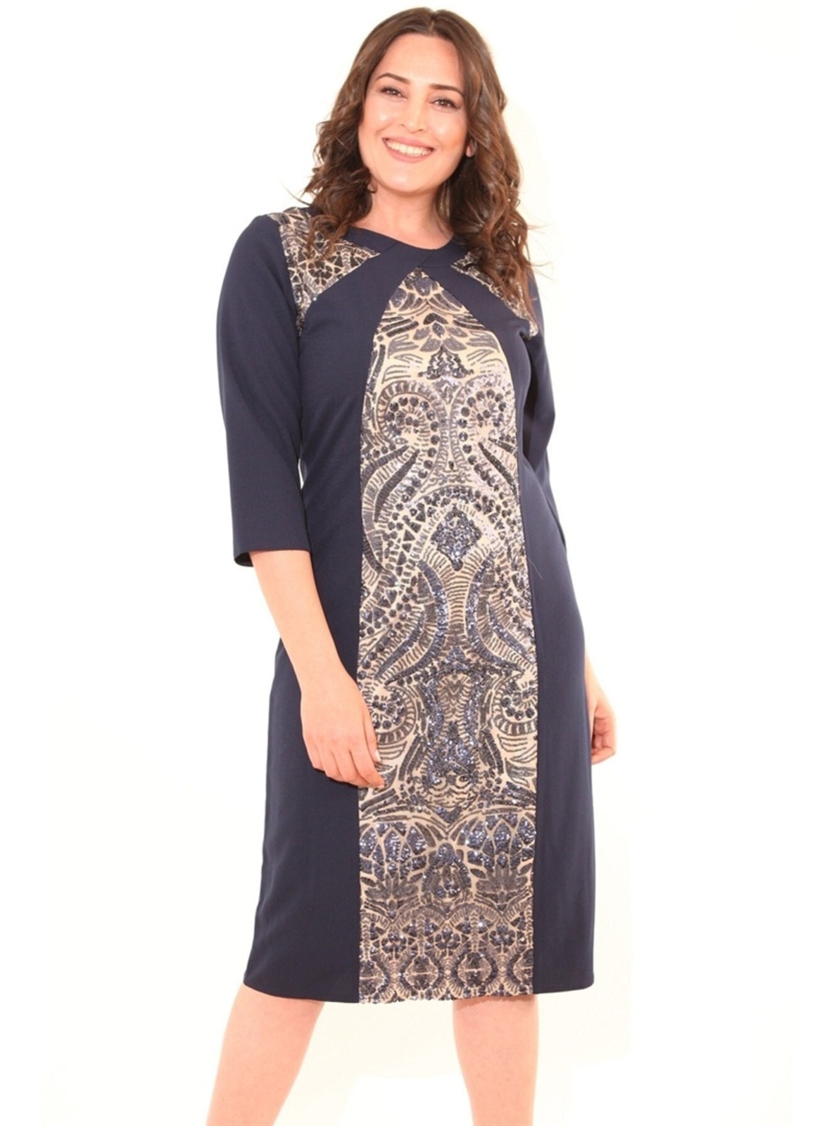 Navy Blue Modest Plus Size Evening Dress Arıkan 9080