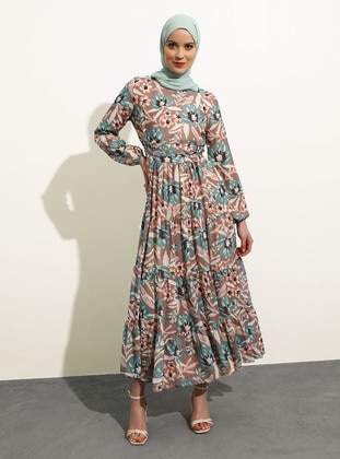 Multi Color - Ethnic - Polo neck - Fully Lined - Modest Dress - Refka