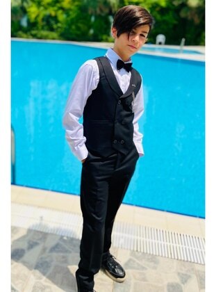 Boy's Deepsea Patterned Double Button Bow Tie Black Top And Bottom Suit Black