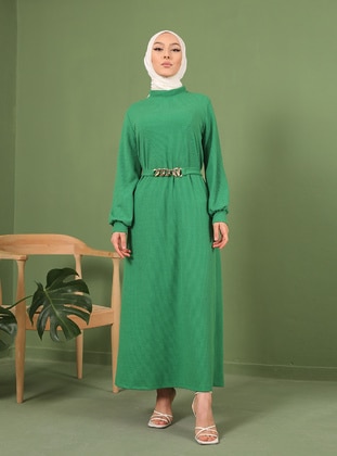 Green - Crew neck - Unlined - Modest Dress - Vav