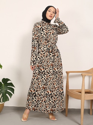Beige - Leopard - Fully Lined - Modest Dress - Vav