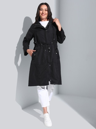 Black - Unlined -  - Plus Size Trench coat - Alia