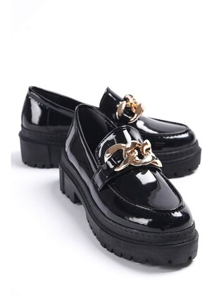 Black Patent Leather - Flat Shoes - DİVOLYA