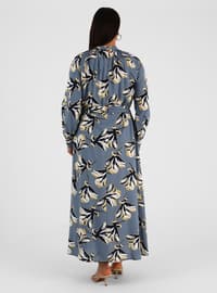 Blue Patterned - Multi - Unlined - Polo neck - Plus Size Dress
