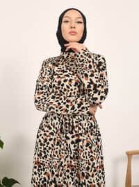 Beige - Leopard - Fully Lined - Modest Dress