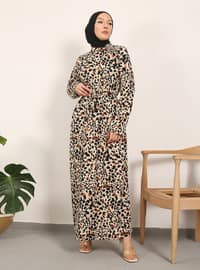 Beige - Leopard - Fully Lined - Modest Dress