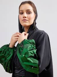 Green - Black - Unlined - V neck Collar - Abaya