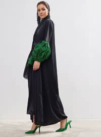 Green - Black - Unlined - V neck Collar - Abaya