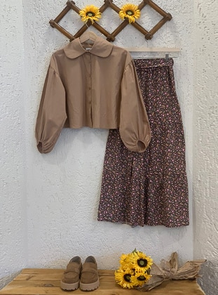 Milky Brown Balloon Sleeve Crop Shirt & Brown Small Floral Layered Skirt Set