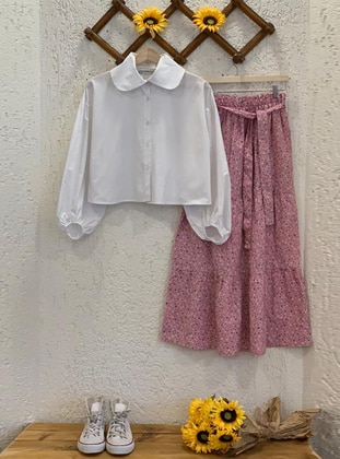 Beyaz Balon Kol Crop Gömlek & Pembe Küçük Çiçekli Kat Kat Etek Takım - Ceylan Otantik