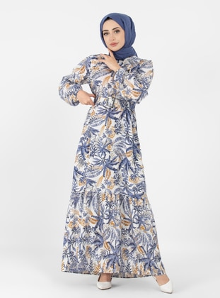 Navy Blue - Multi - Modest Dress - Sevit-Li