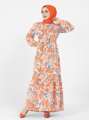Orange - Multi - Modest Dress - Sevit-Li