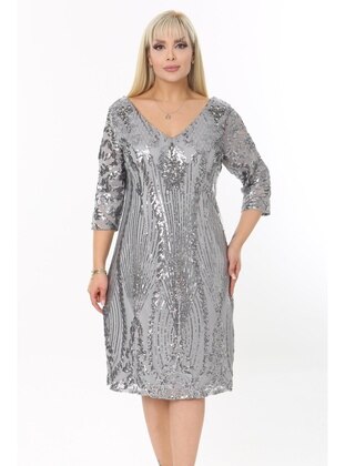 Gray - Modest Plus Size Evening Dress - Arıkan
