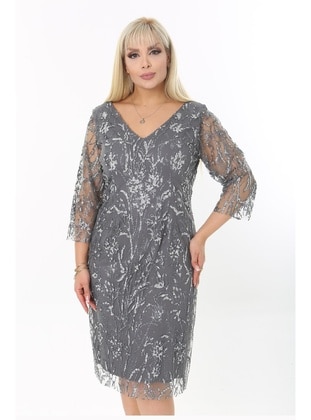 Gray - Modest Plus Size Evening Dress - Arıkan