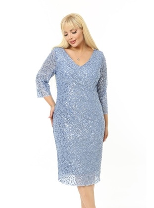 Blue - Modest Plus Size Evening Dress - Arıkan