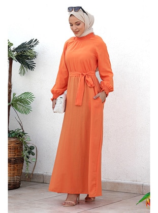 Orange - Crew neck - Unlined - Modest Dress - Tesettür Dünyası