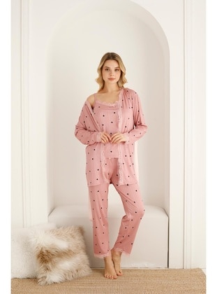 Powder Pink - V neck Collar - Heart Print - Pyjama Set - Seboteks