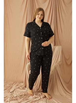 Black - Heart Print - Plus Size Pyjamas - Seboteks