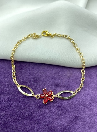 Gold color - Bracelet - Red Baguette Stone Bracelet - Gold  - Aydın Bijuteri