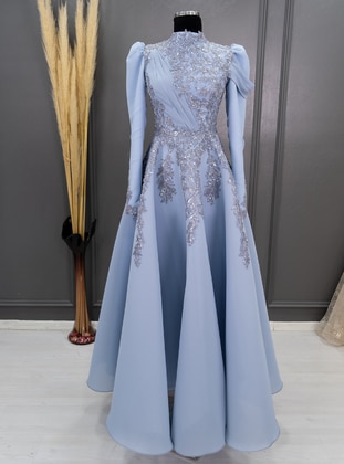 Icy Blue - Fully Lined - Crew neck - Modest Evening Dress - MİNELİA