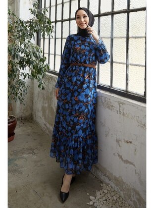 Blue - Crew neck - Fully Lined - Modest Dress - InStyle