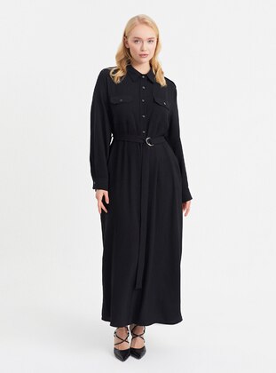 Black - Unlined - Point Collar - Plus Size Dress - XANZAD