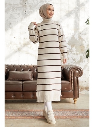 Ecru - Stripe - Unlined - Polo neck - Knit Dresses - InStyle