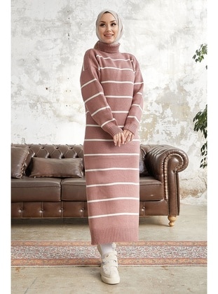 Dusty Rose - Stripe - Unlined - Polo neck - Knit Dresses - InStyle