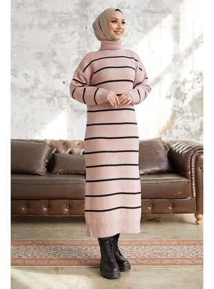 Powder Pink - Stripe - Unlined - Polo neck - Knit Dresses - InStyle