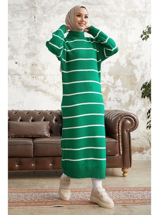 Green - Stripe - Unlined - Polo neck - Knit Dresses - InStyle